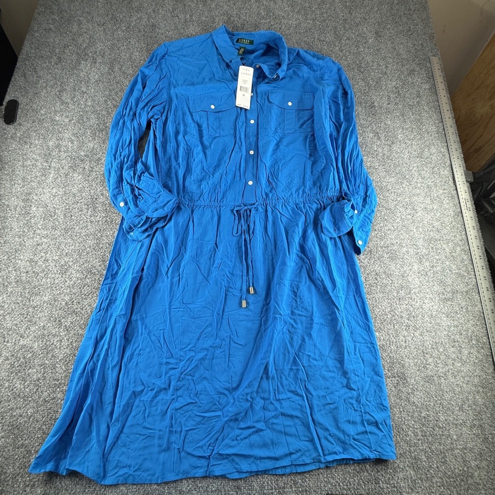 Lauren Ralph Lauren Woman Blue Button Front Midi Shirt Dress 18W New